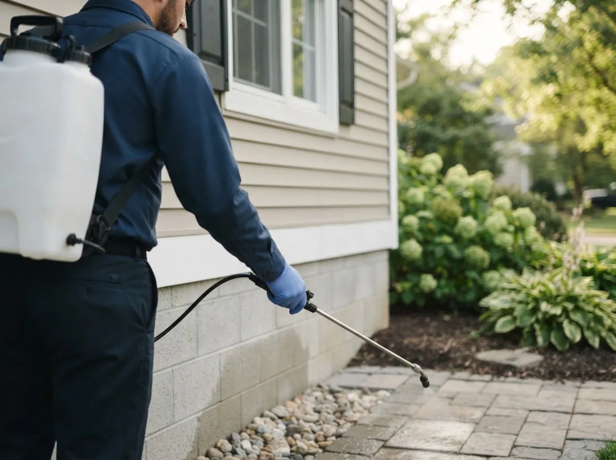 Pest control technician inspecting a home in Bramwell, WV